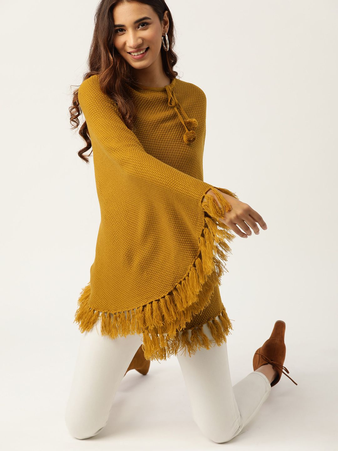 DressBerry Women Mustard Brown Self Design Poncho