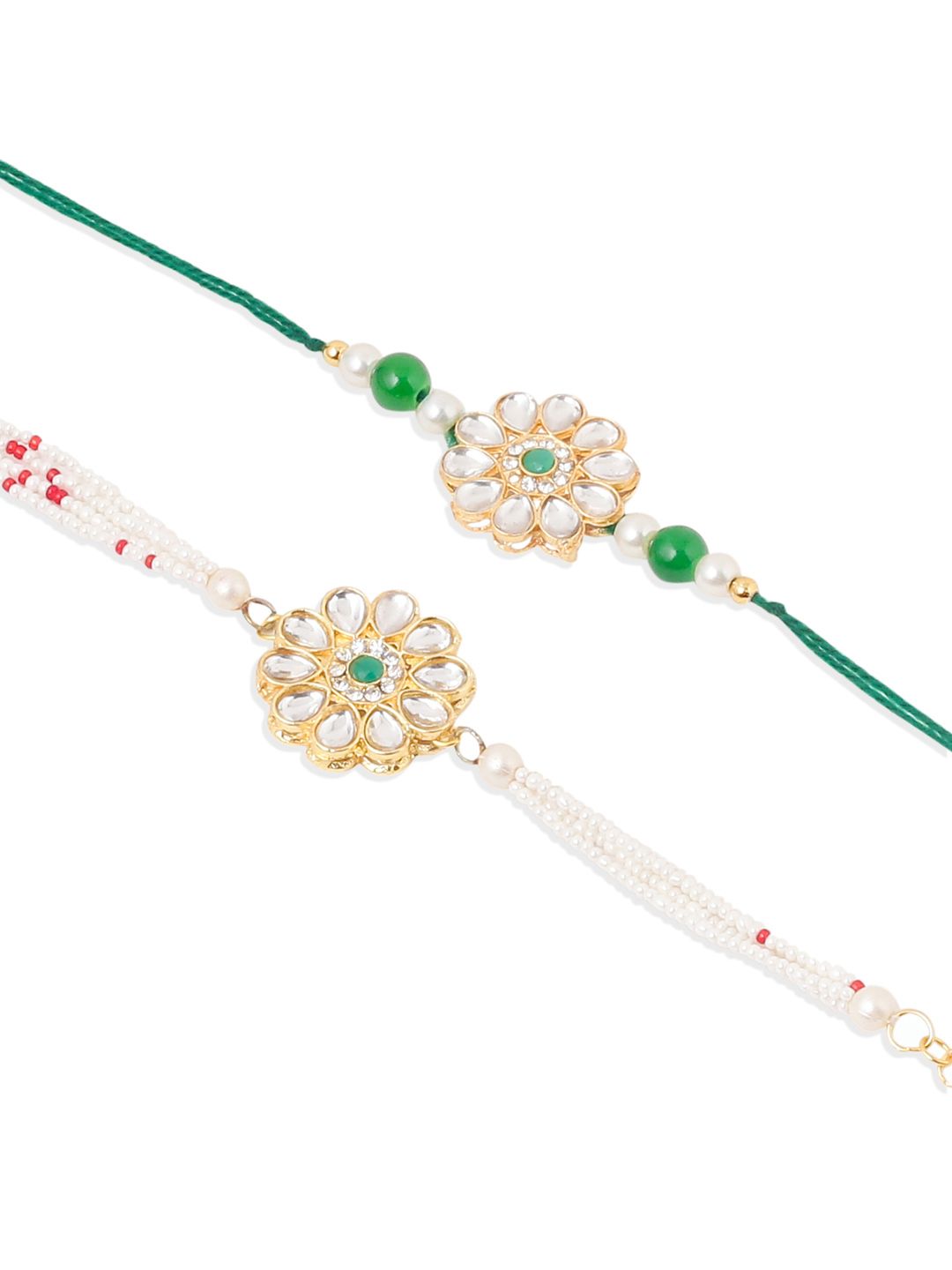 NVR Set of 2 Kundan Studded Gold Toned Bhaiya Bhabhi Rakhi Set with Roli Chawal