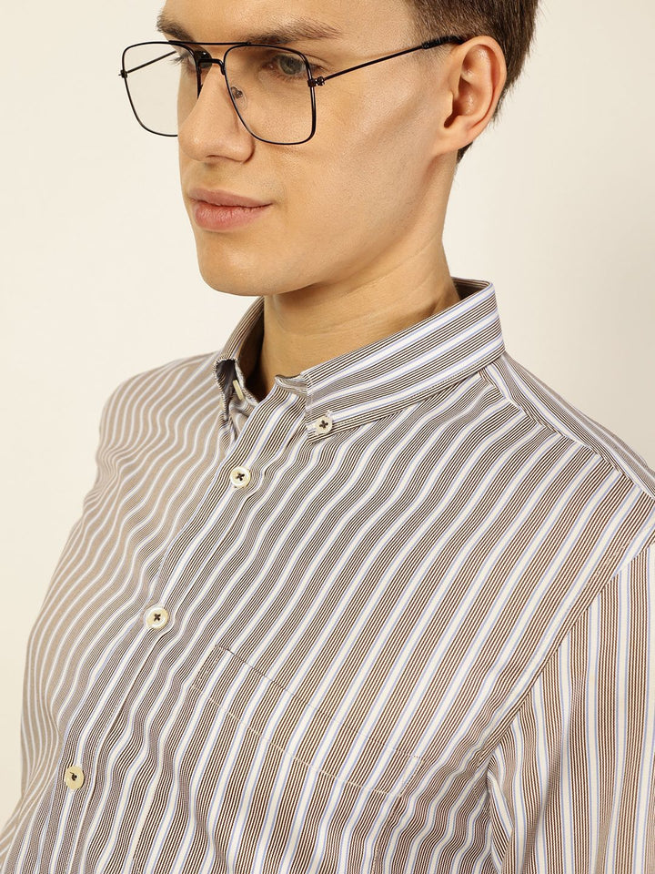 Thomas Scott Men Smart Fit Button-Down Collar Vertical Striped Cotton Formal Shirt