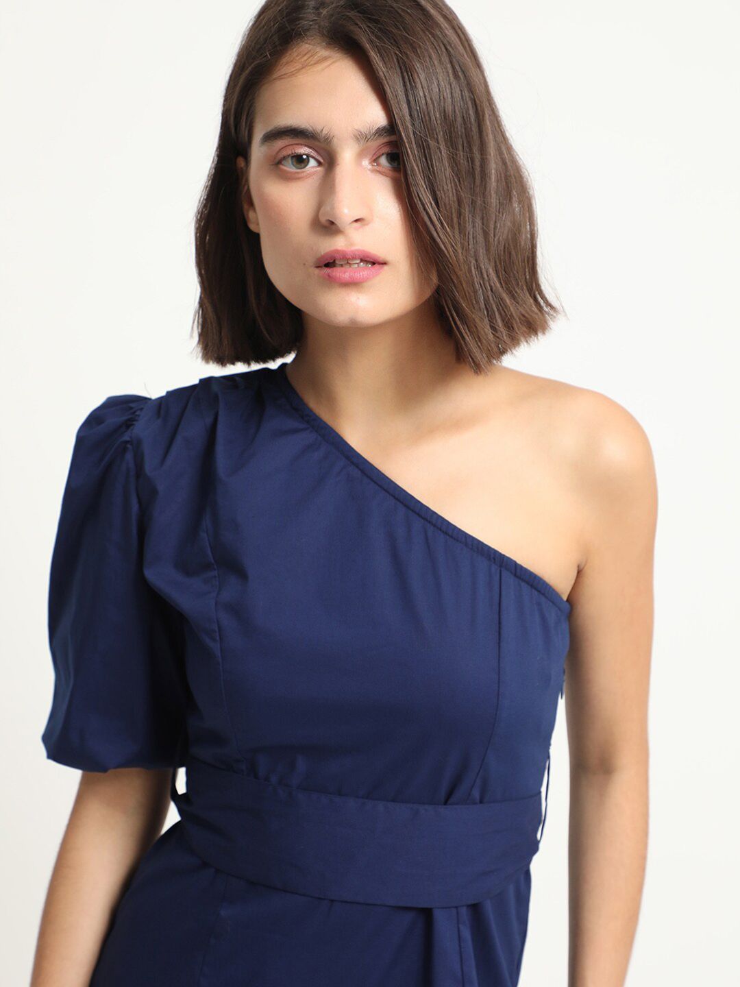 RAREISM One Shoulder Belted Detailed A-Line Poplin Dress