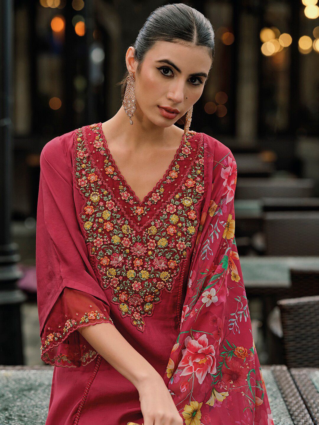 Indo Era Floral Embroidered Panelled Thread Work A-Line Kurta With Trousers & Dupatta