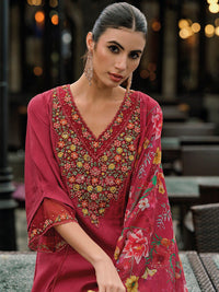Indo Era Floral Embroidered Panelled Thread Work A-Line Kurta With Trousers & Dupatta