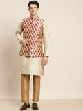 SOJANYA Men Cream-Coloured & Red Kurta with Churidar & Nehru Jacket