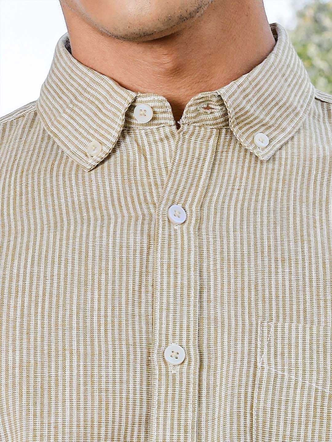 Thomas Scott Men Premium Fit Button-Down Collar Pinstripes Striped Linen Casual Shirt