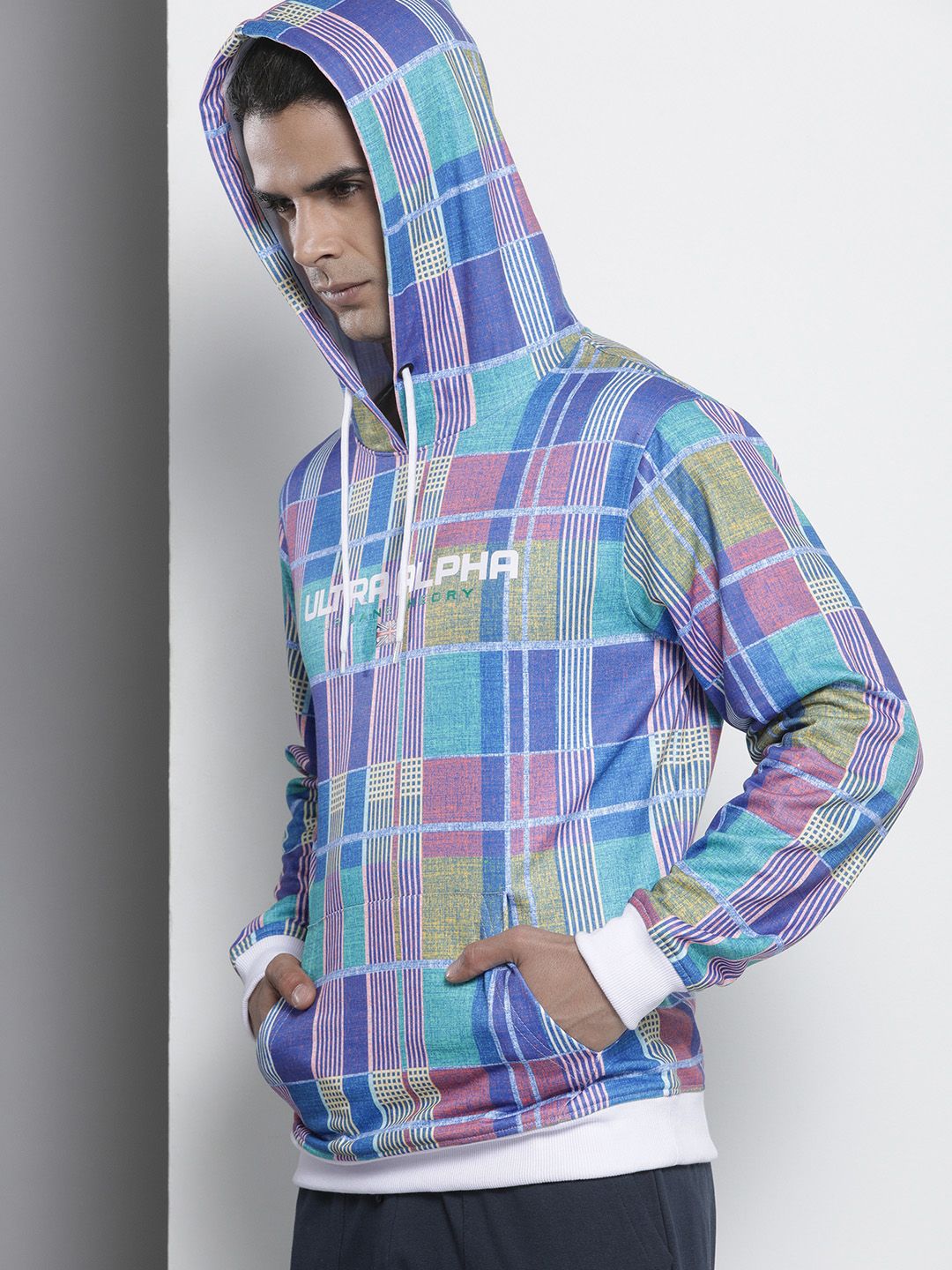 The Indian Garage Co Men Blue Checked Hooded Sweatshirt