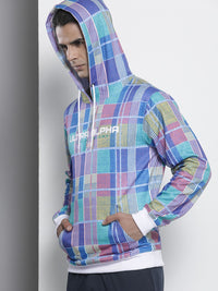 The Indian Garage Co Men Blue Checked Hooded Sweatshirt