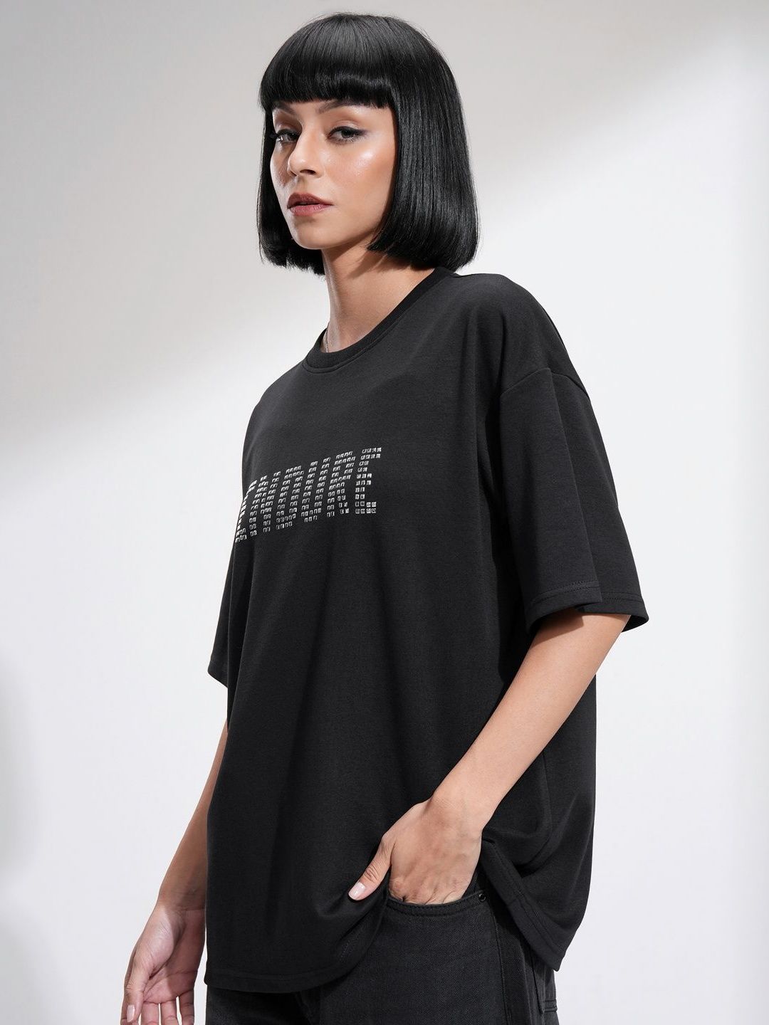 Street By Tokyo Talkies Women Solid Oversized Front Embellished T-Shirt