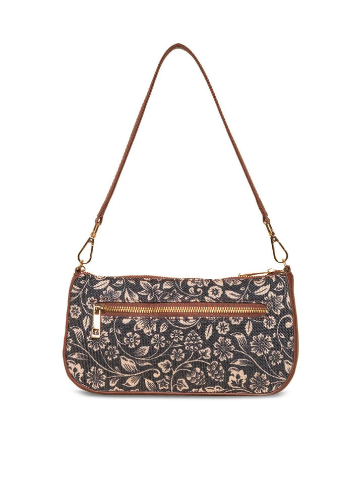 ZOUK Black Floral Printed Structured Baguette Bag with Applique