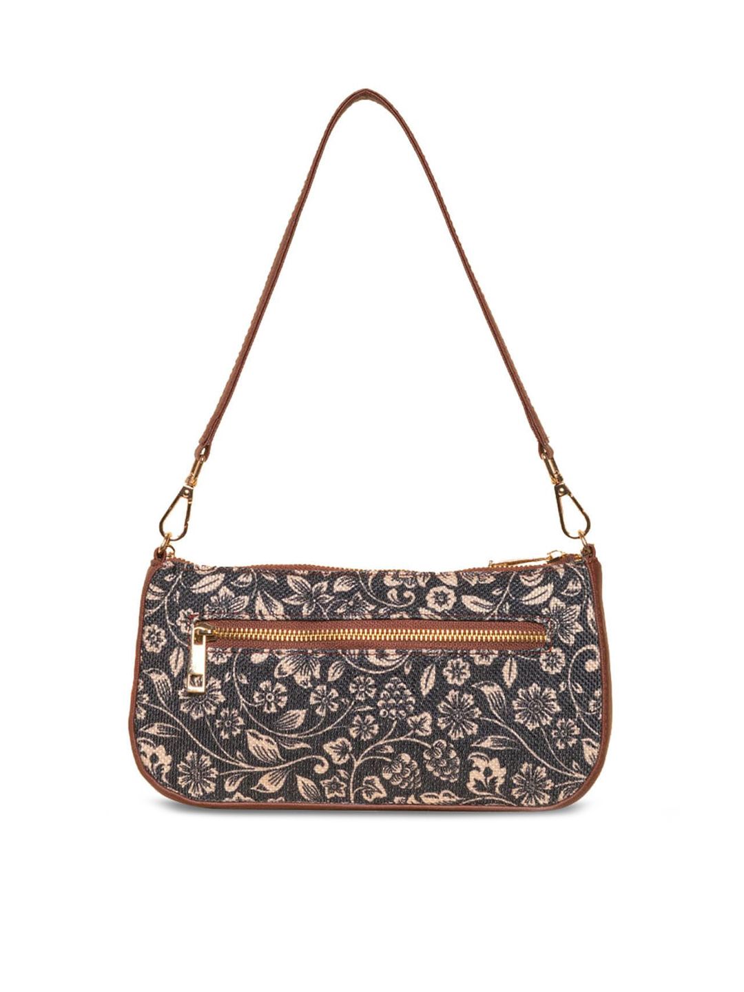 ZOUK Black Floral Printed Structured Baguette Bag with Applique