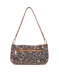 ZOUK Black Floral Printed Structured Baguette Bag with Applique