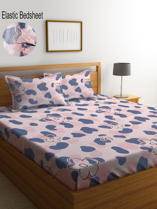 KLOTTHE Floral 300 TC Fitted Double King Bedsheet Set with 2 Pillow covers