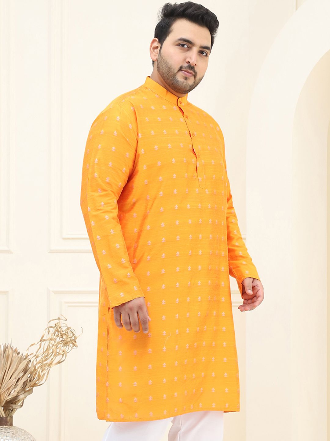 SOJANYA PLUS Lelaki Orange & Silver Jacquard Woven Design Kurta