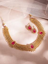 Rubans 22kt Gold Plated Ruby Stone Dipadam Set Perhiasan Tembaga Tradisional Manik Emas