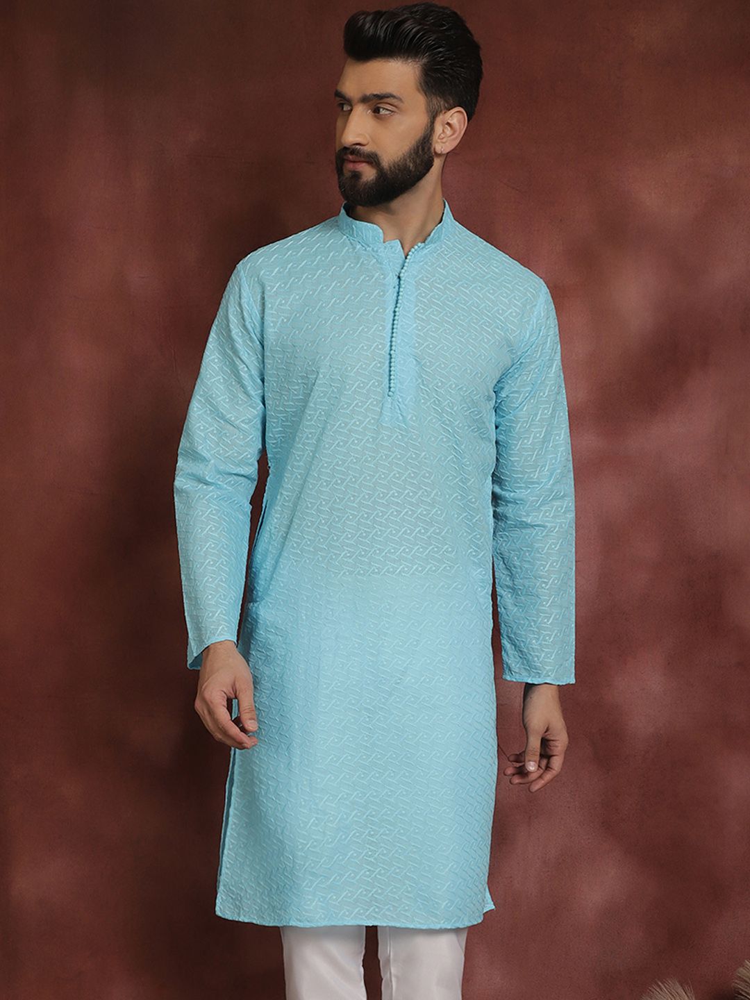 SOJANYA Lelaki Biru Sulam Kurta Lurus