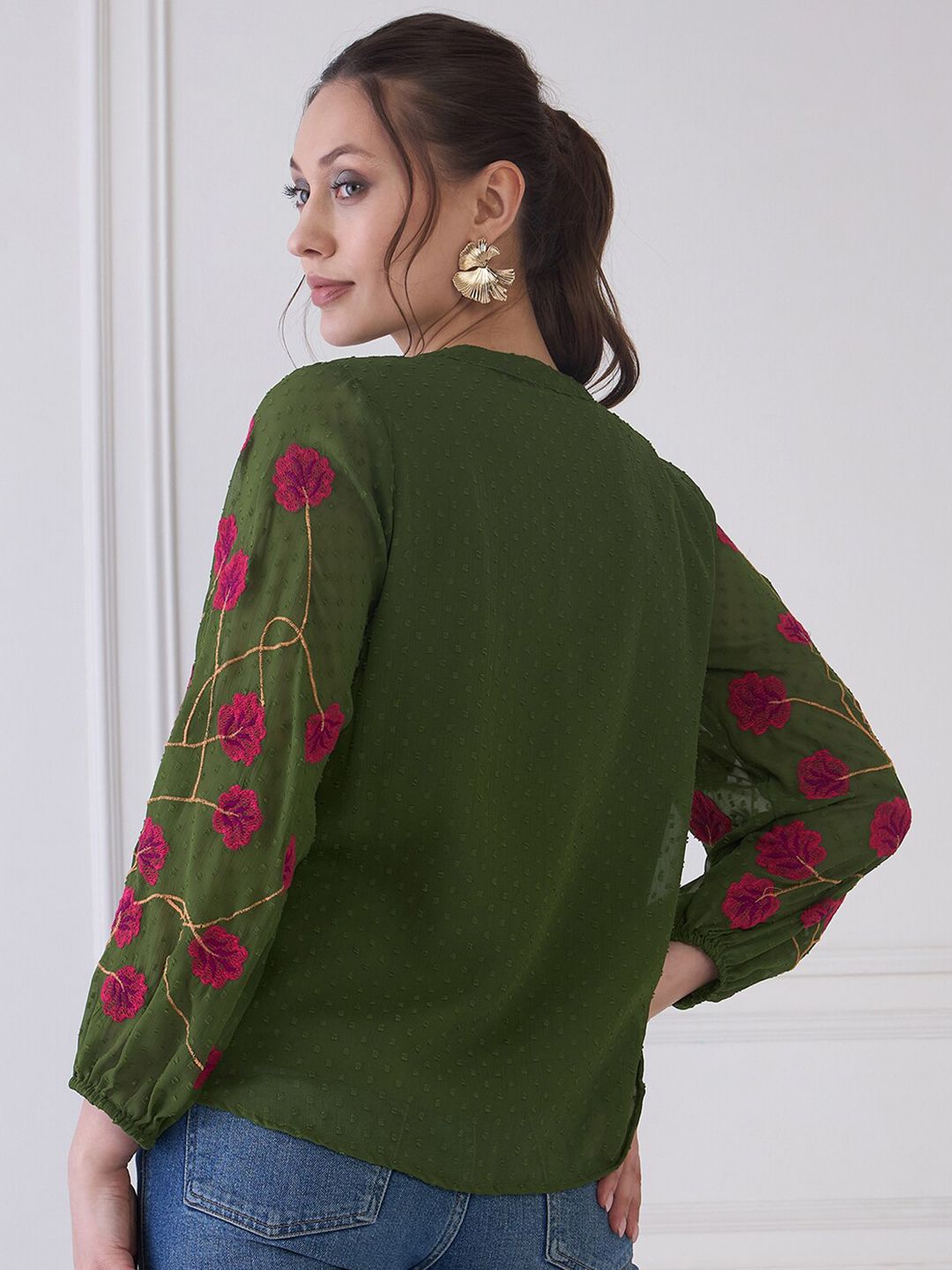 Antheaa Green Self Design Mandarin Collar Puff Sleeves Embroidered Chiffon Shirt Style Top