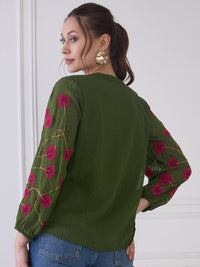 Antheaa Green Self Design Mandarin Collar Puff Sleeves Embroidered Chiffon Shirt Style Top