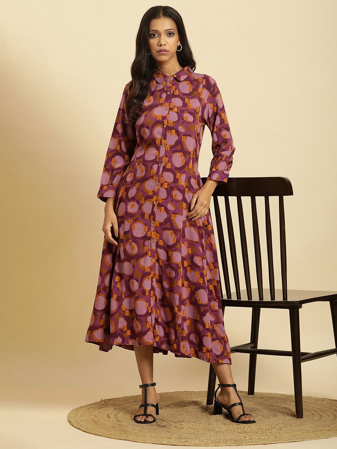 W Floral Printed Shirt Collar Cuffed Sleeves Shirt Style Dress