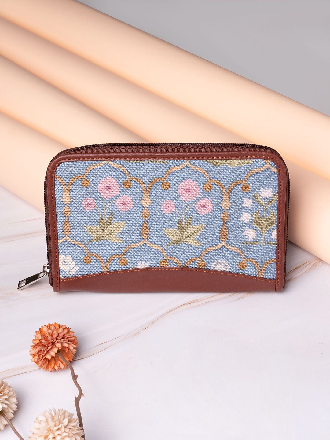 ZOUK Women Blue & Green Floral Printed Zip Around Wallet