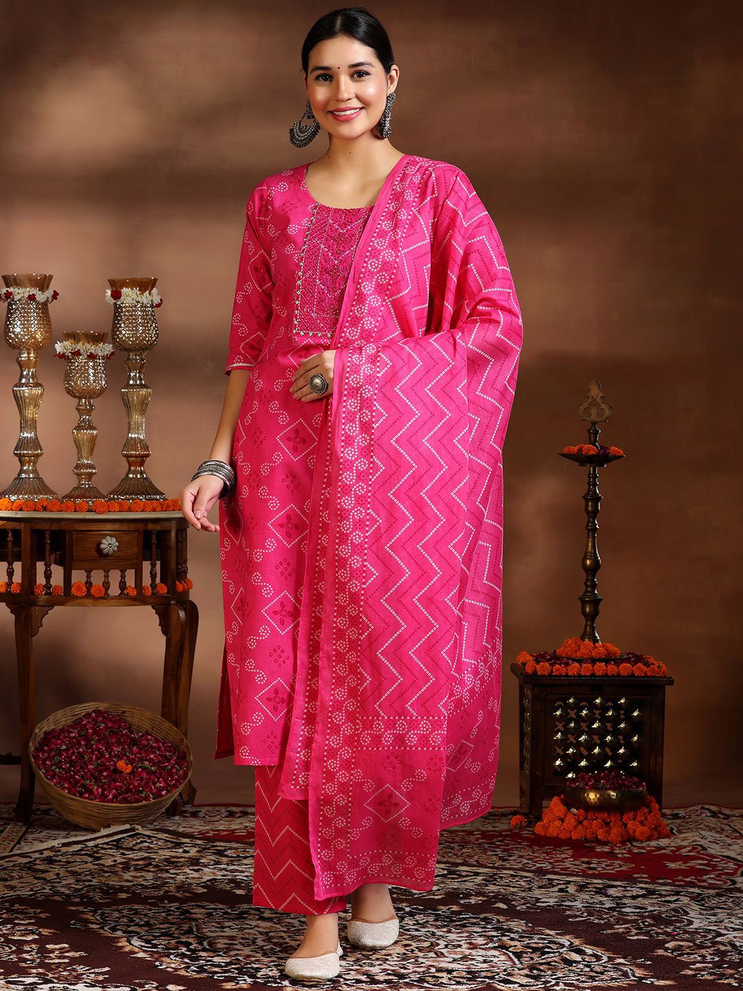 Libas Women Bandhani Dyed Round Neck Kurta with Trousers & Dupatta
