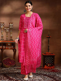 Libas Women Bandhani Dyed Round Neck Kurta with Trousers & Dupatta