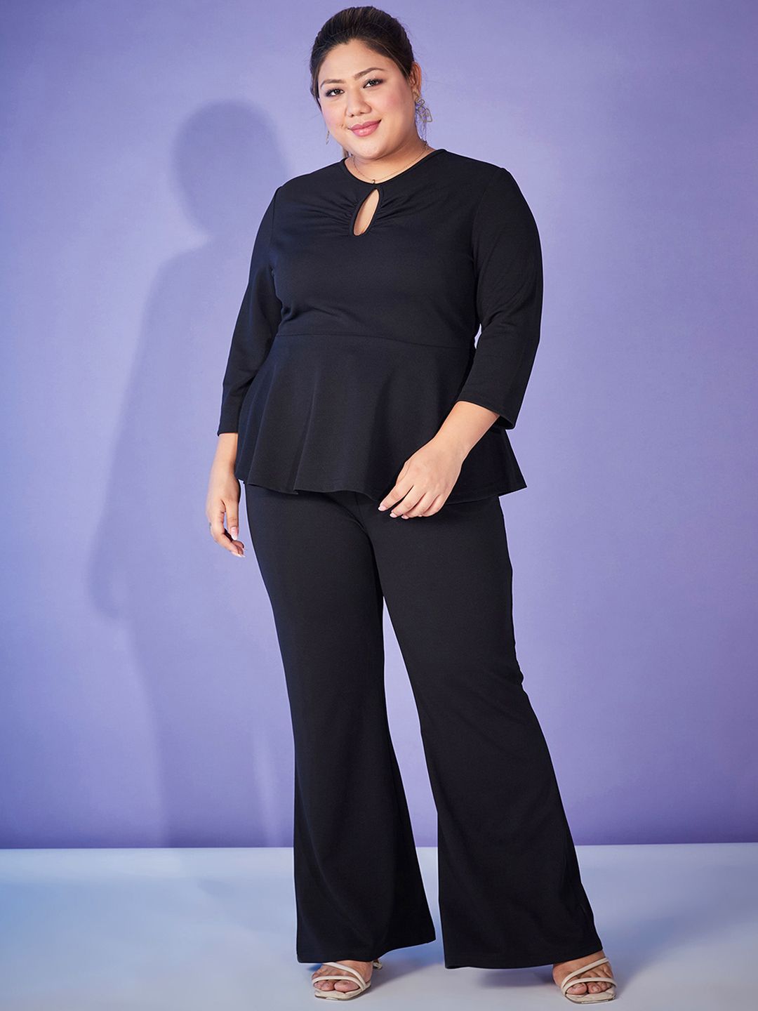 SASSAFRAS Curve Black Plus Size Key-Hole Peplum Top With Trousers Pant Co-Ords Set