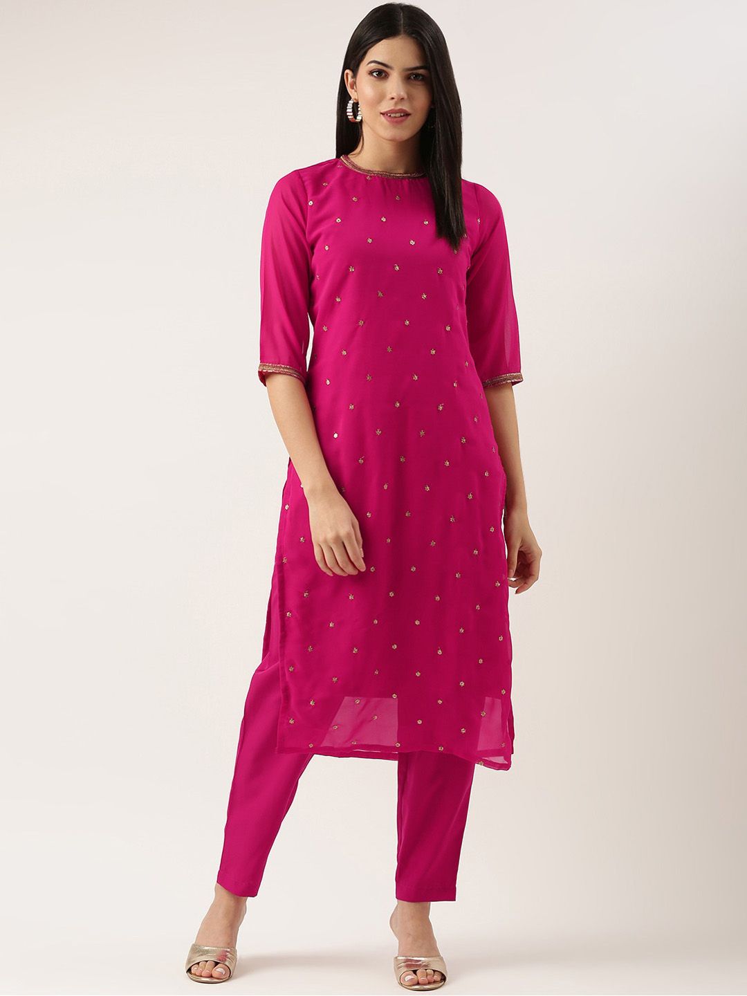 KALINI Round Neck Floral Embroidered Sequinned Kurta with Trousers