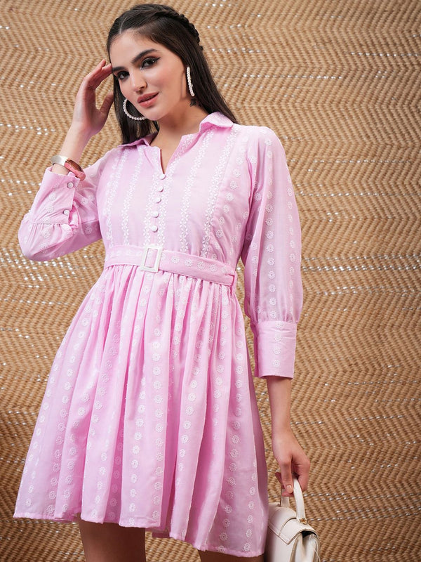Vishudh Pink Floral Embroidered Belted Fit & Flare Dress