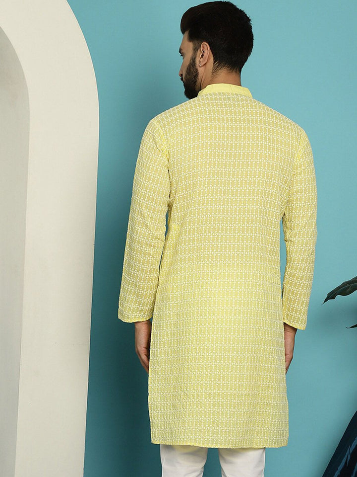 SOJANYA Striped Embroidered Thread Work Mandarin Collar Pure Cotton Straight Kurta