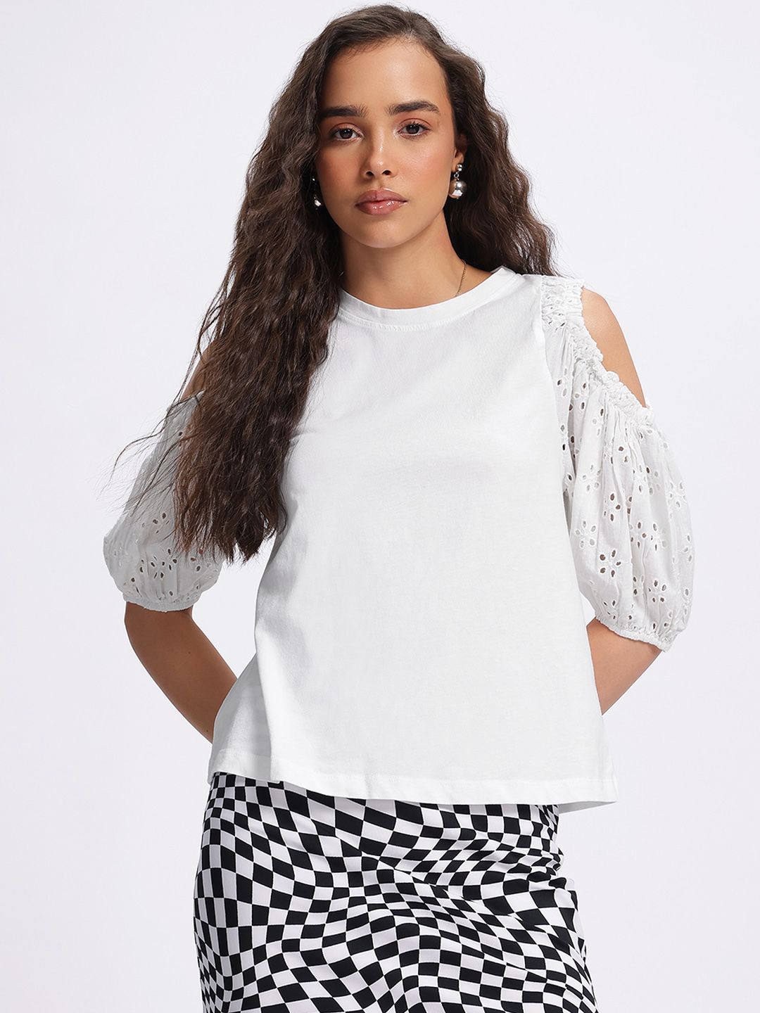 DressBerry Porcelain White Craze Cold-Shoulder Schiffli Top