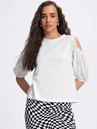 DressBerry Porcelain White Craze Cold-Shoulder Schiffli Top