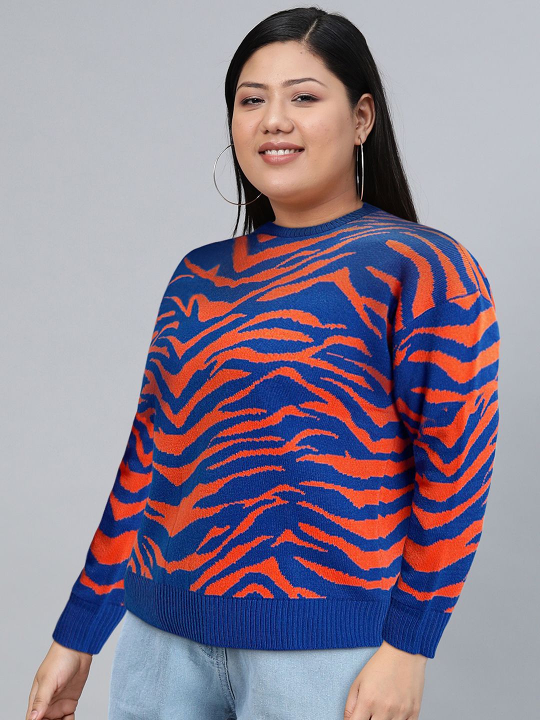 Tokyo Talkies Blue & Orange Animal Printed Acrylic Pullover Sweaters