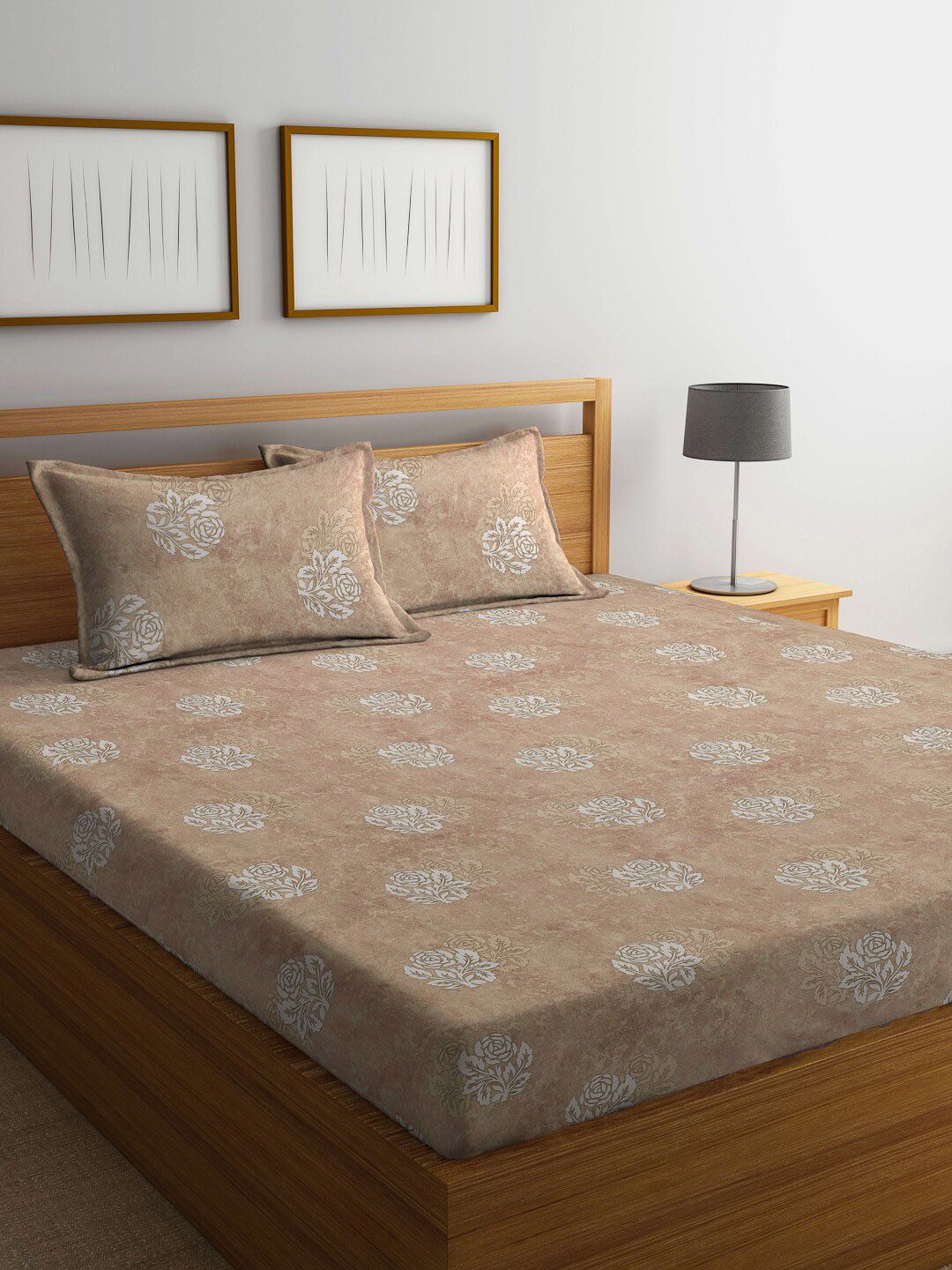 KLOTTHE Beige Floral Printed Dilengkapi 400 TC Kapas Cadar King & 2 Sarung Bantal
