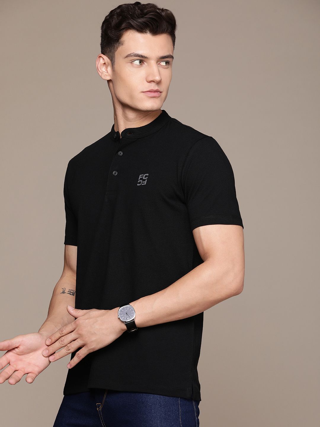 French Connection Brand Logo Henley Neck Pure Cotton Applique T-shirt