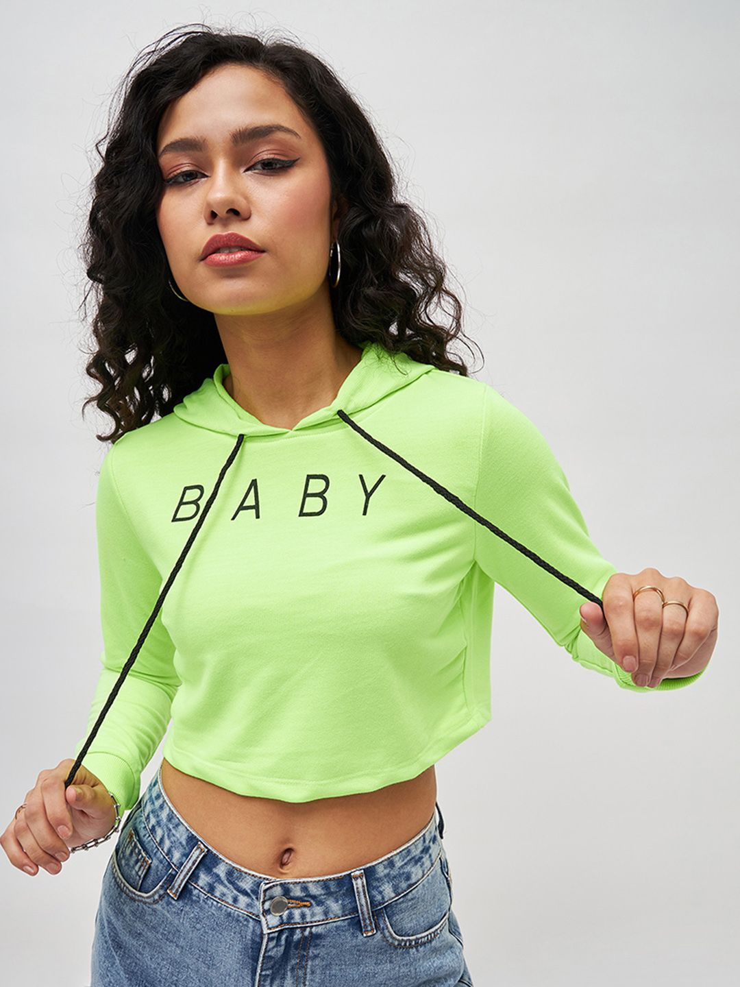 SASSAFRAS Women Fluorescent Green Solid Hooded Cropped Sweatshirt
