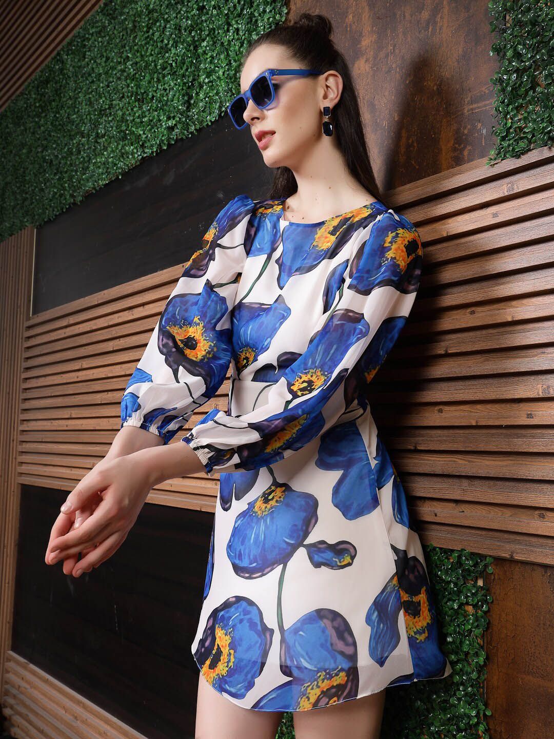 Athena Blue Floral Printed Puff Sleeves Georgette A-Line Mini Dress