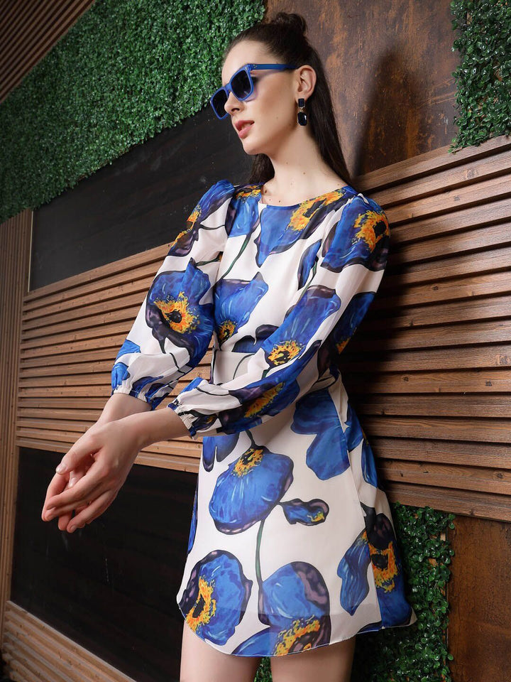 Athena Blue Floral Printed Puff Sleeves Georgette A-Line Mini Dress