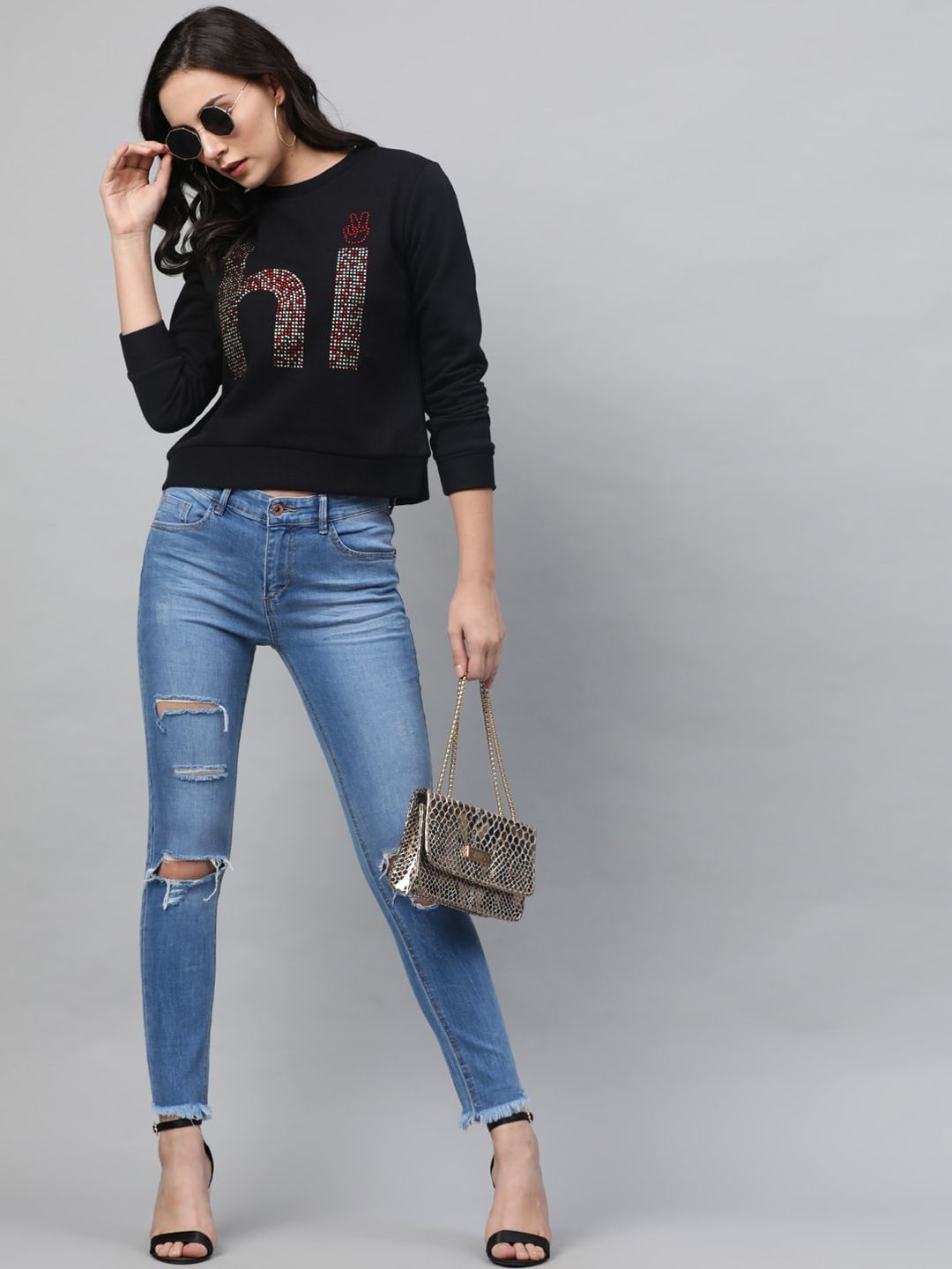 STREET 9 Women Black Embellished Sweatshirt