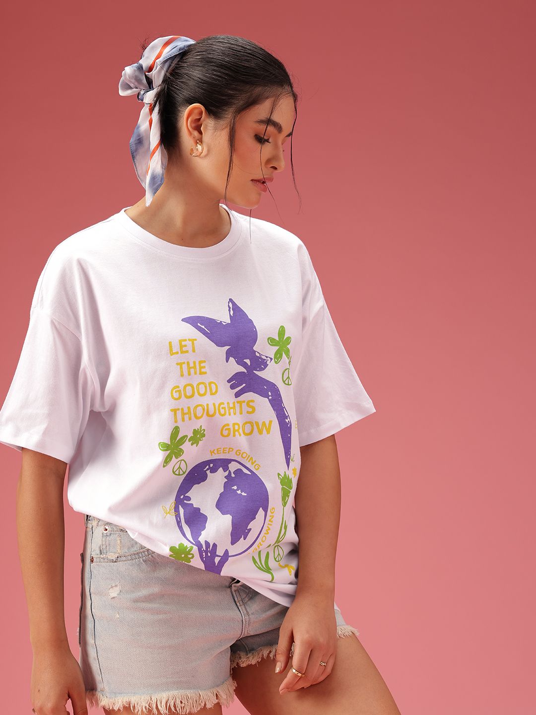 DressBerry Printed Drop-Shoulder Sleeves Oversized Pure Cotton T-shirt