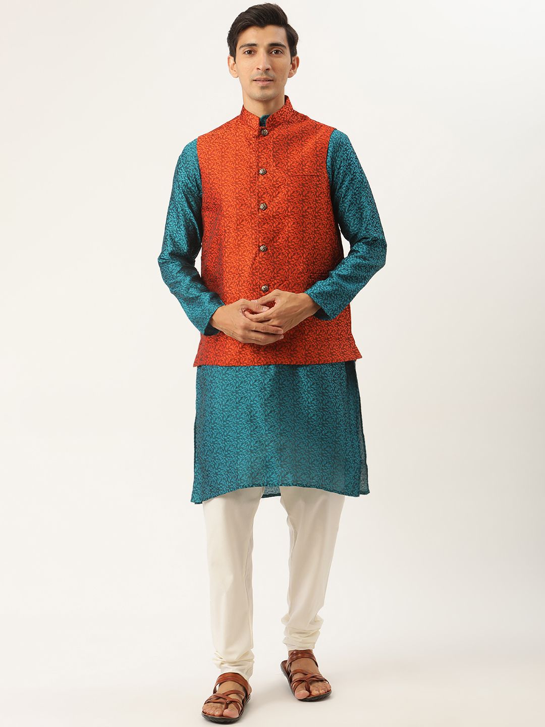 SOJANYA Kurta Tenunan Lelaki Teal Biru & Jingga dengan Jaket Churidar & Nehru