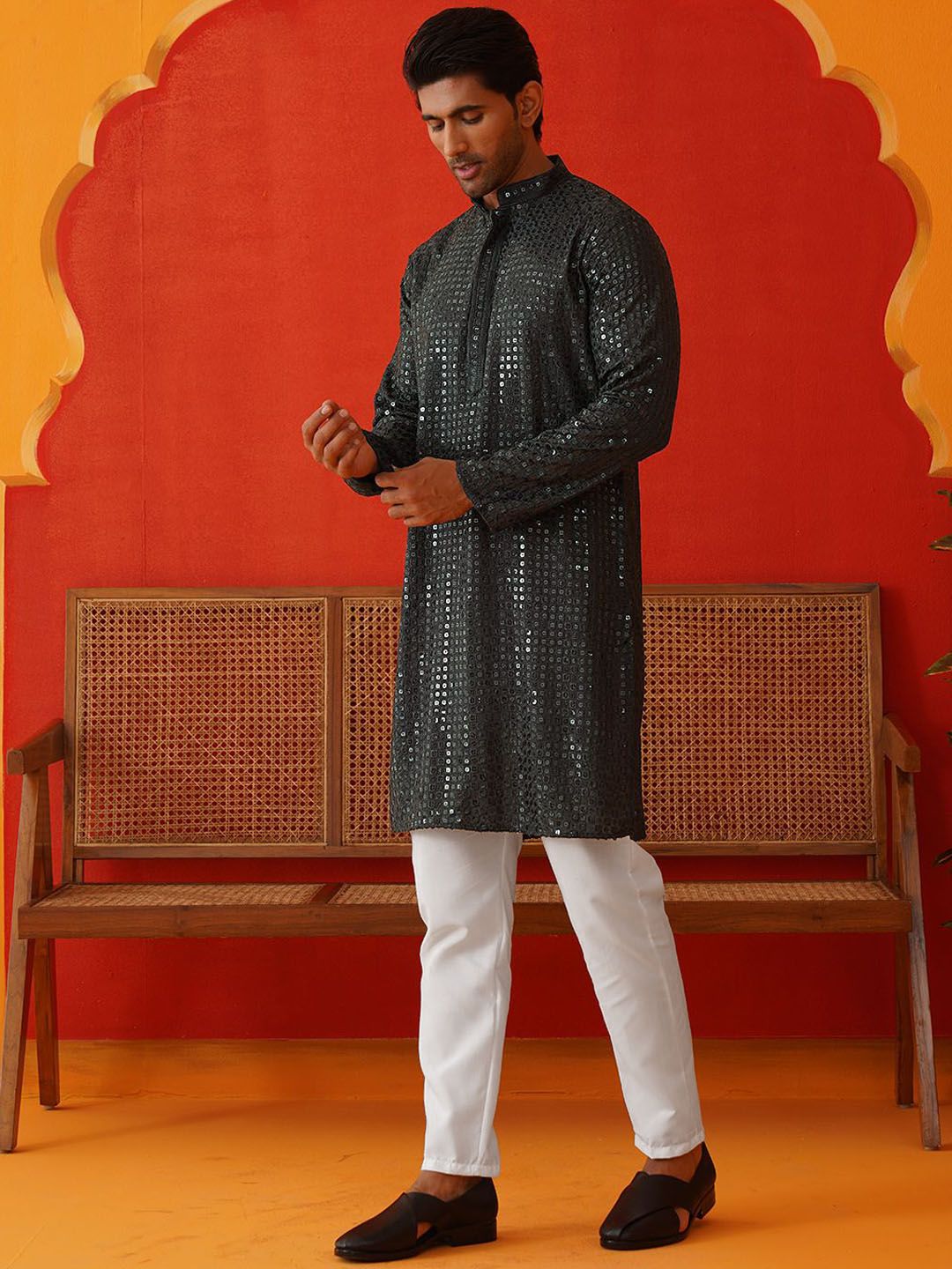 Jompers Men Embroidered Regular Sequinned Kurta with Pyjamas