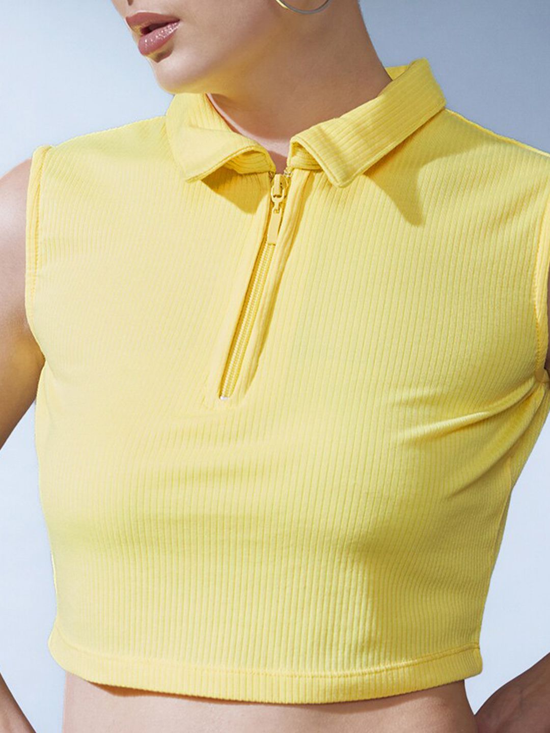 STREET 9 Yellow Polo Collar Slim Fit Crop T-shirt