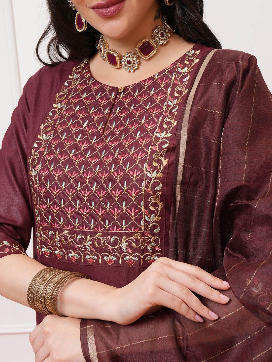 Vishudh Burgundy Ethnic Motifs Yoke Design Thread Work Kurta with Palazzo & Dupatta