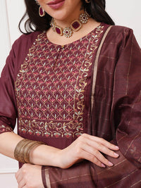 Vishudh Burgundy Ethnic Motifs Yoke Design Thread Work Kurta with Palazzo & Dupatta