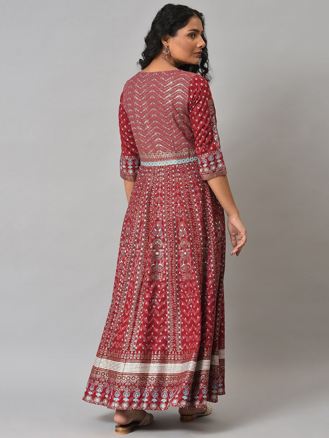 W Red Ethnic Motifs Keyhole Neck Ethnic Maxi Dress