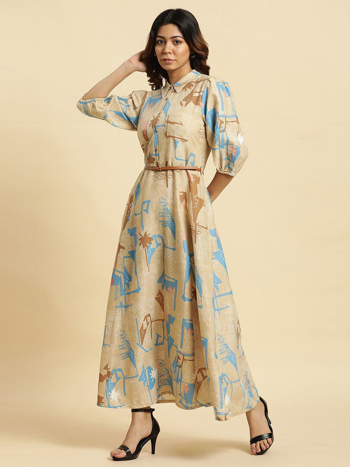 W Abstract Printed Belted Detailed Shirt Collar Puff Sleeves A-Line Maxi Dress