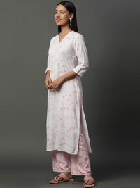 AURELIA  Floral Printed V-Neck Three-Quarter Sleeves Straight Kurta