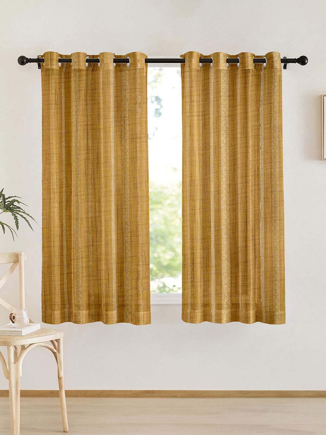 URBAN SPACE Mustard 2 Pieces Striped Sheer Window Curtains