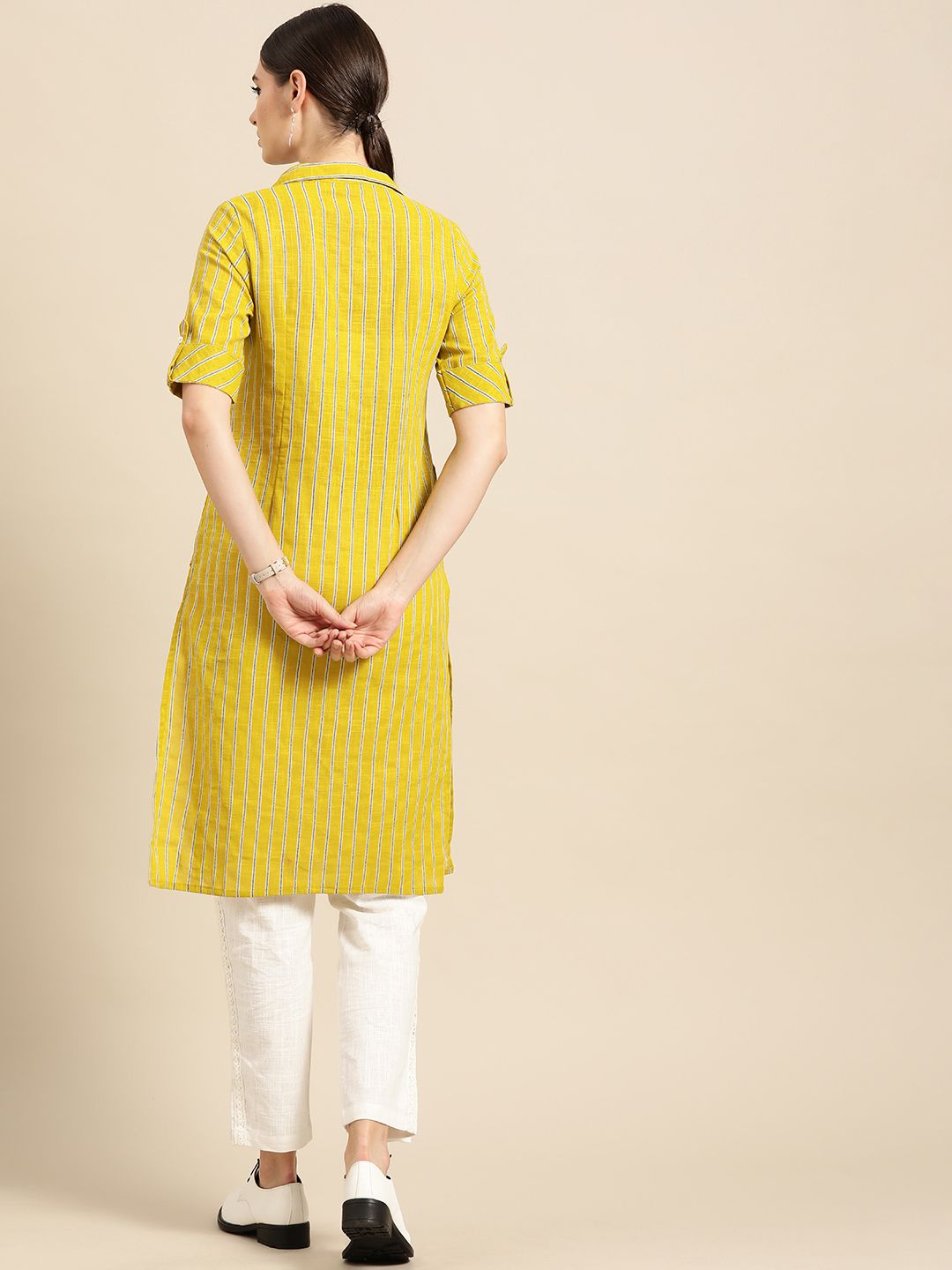 Anouk Women Lime Green & Teal Blue Striped Pure Cotton Straight Kurta