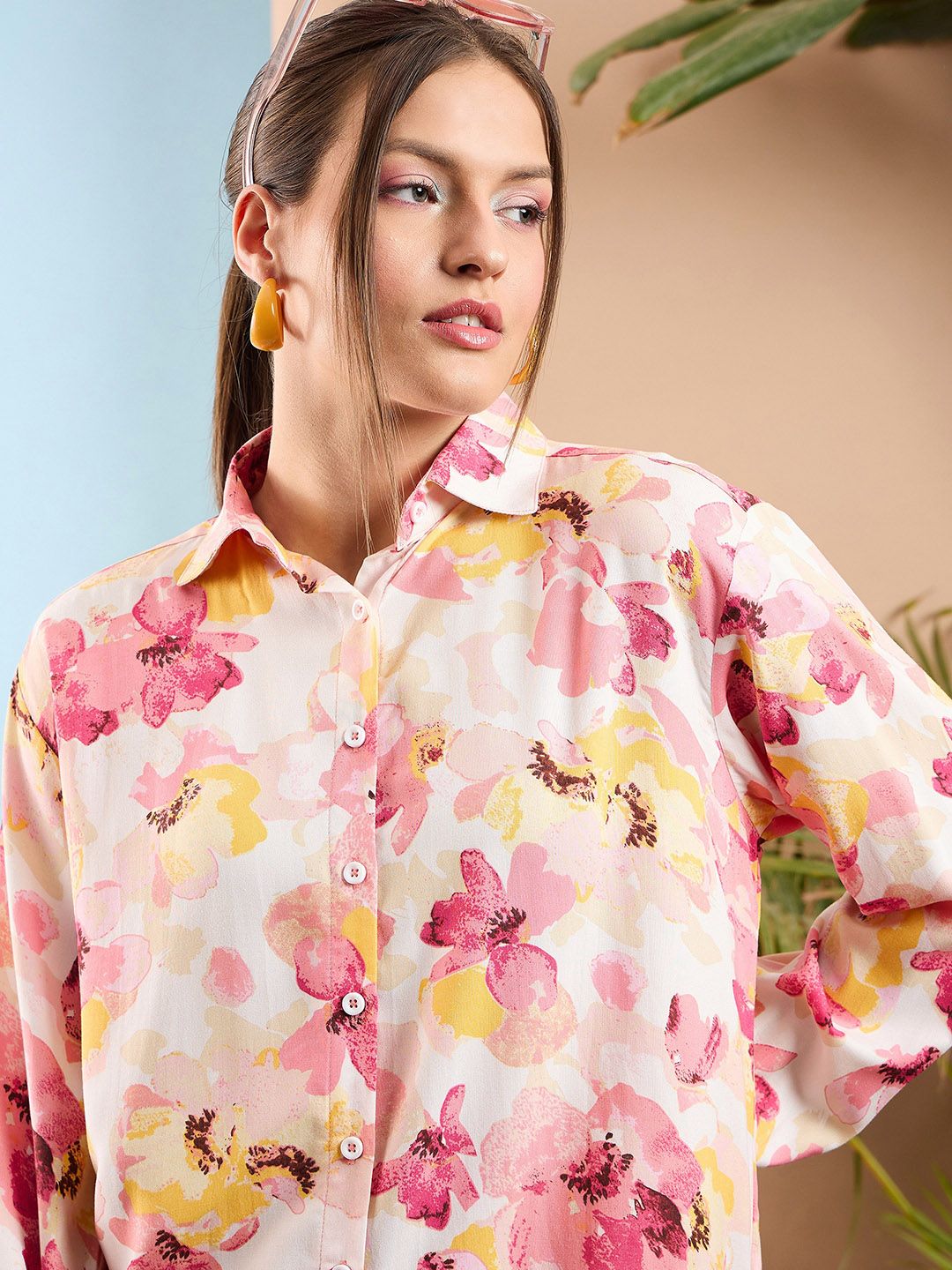 SASSAFRAS Pink Floral Printed Oversize Shirt & Trousers