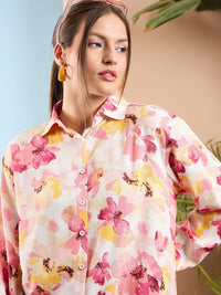 SASSAFRAS Pink Floral Printed Oversize Shirt & Trousers